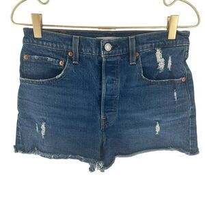 Levi's Jean Shorts Womens 30 Blue Ribcage Button Fly Raw Hem Ripped Denim